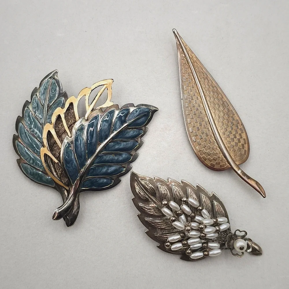 Vintage Leaf Brooch Pin Lot Statement Enamel Faux Pearl‎ Gold Silver Tone Nature